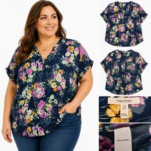 Maurices XXL Navy Floral Zip Front Blouse Plus Size
